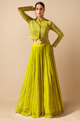 Lime Green Sequinned Georgette Crop Top Jacket with Skirt